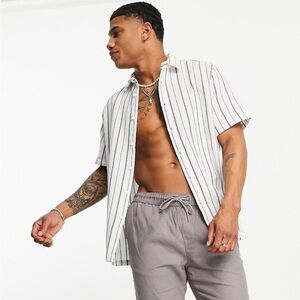 ASOS White Black Relaxed Textured Stripe Gauzy Perforated Button Down Medium